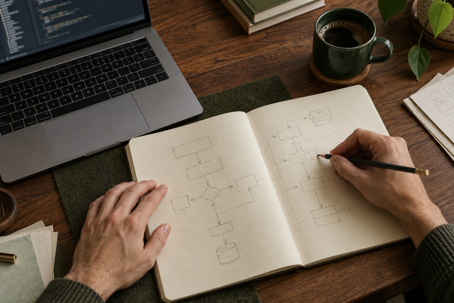 Hands sketching a workflow in a notebook beside a laptop on a walnut table