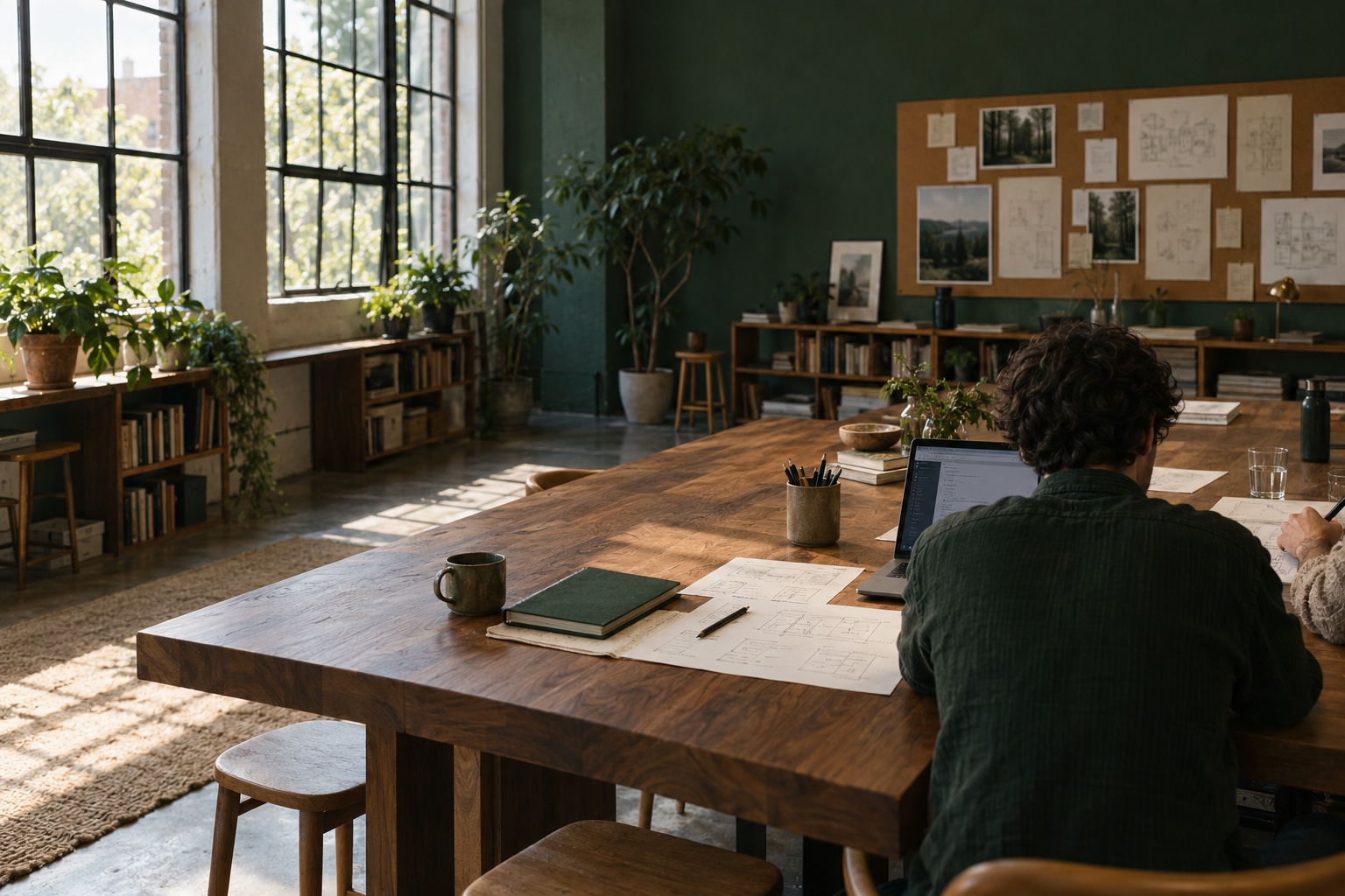 A naturally lit working studio with sketches, laptops, and people collaborating around a long wooden table